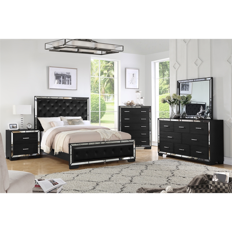 Reve & Belle Anzell 5pc Queen Wood Bedroom Set with Mirror Trim in Black