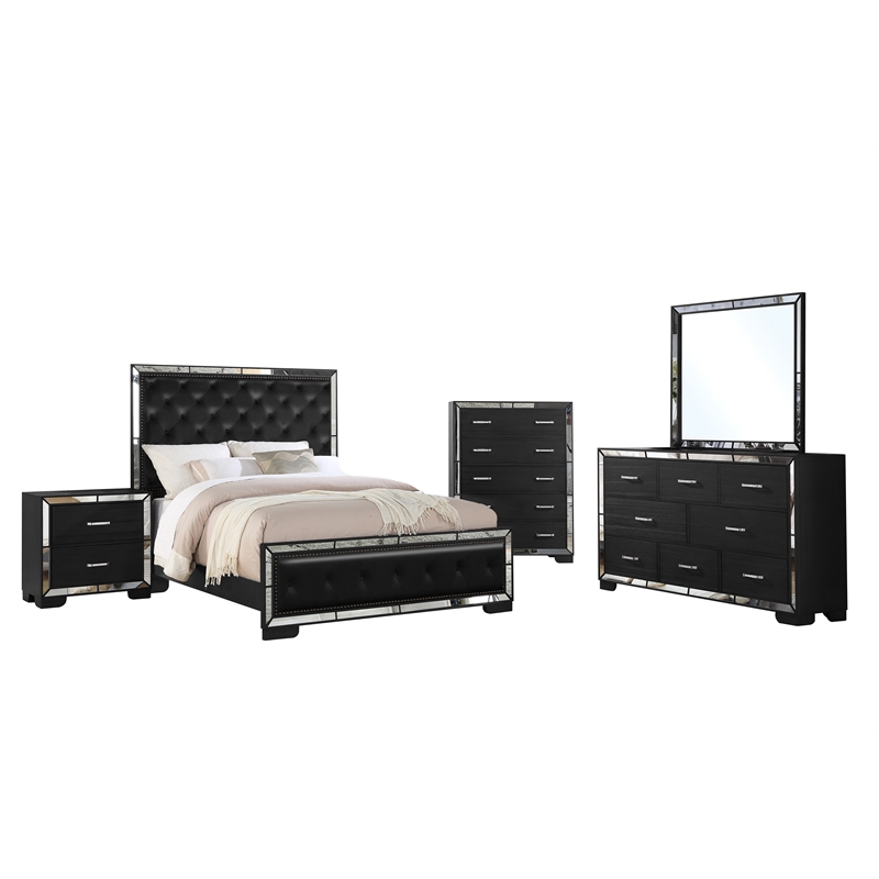 Reve & Belle Anzell 5pc Queen Wood Bedroom Set with Mirror Trim in Black
