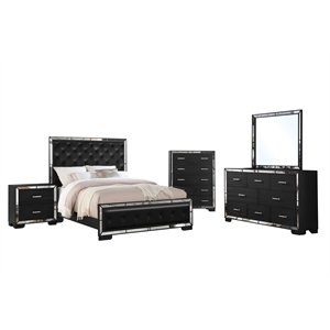 Reve & Belle Anzell 5pc Queen Wood Bedroom Set with Mirror Trim in Black