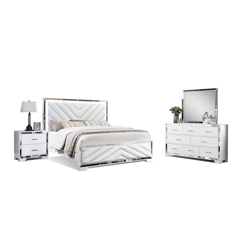 Reve & Belle 4pc King Wood Bedroom Set with LED Lights in White
