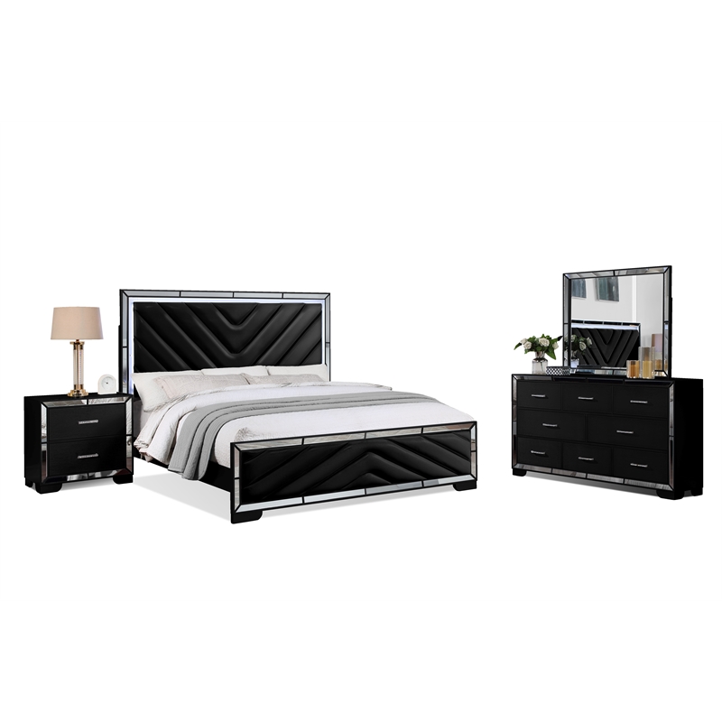 Reve & Belle 4pc King Wood Bedroom Set with LED Lights in Black