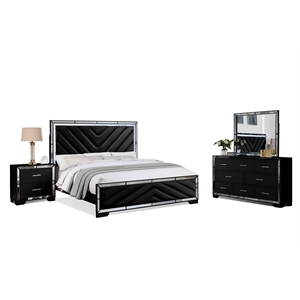 Reve & Belle 4pc King Wood Bedroom Set with LED Lights in Black