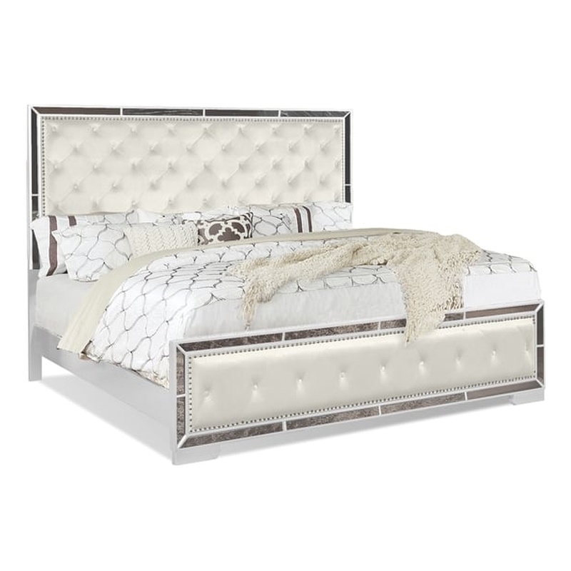 Reve & Belle Anzell King Bed with Mirror Trim Solid & Manufactured Wood White