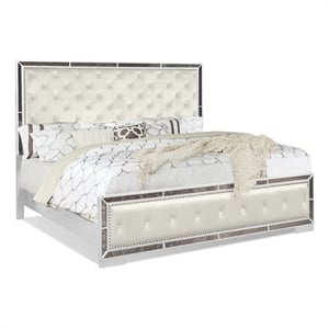 Reve & Belle Anzell King Bed with Mirror Trim Solid & Manufactured Wood White
