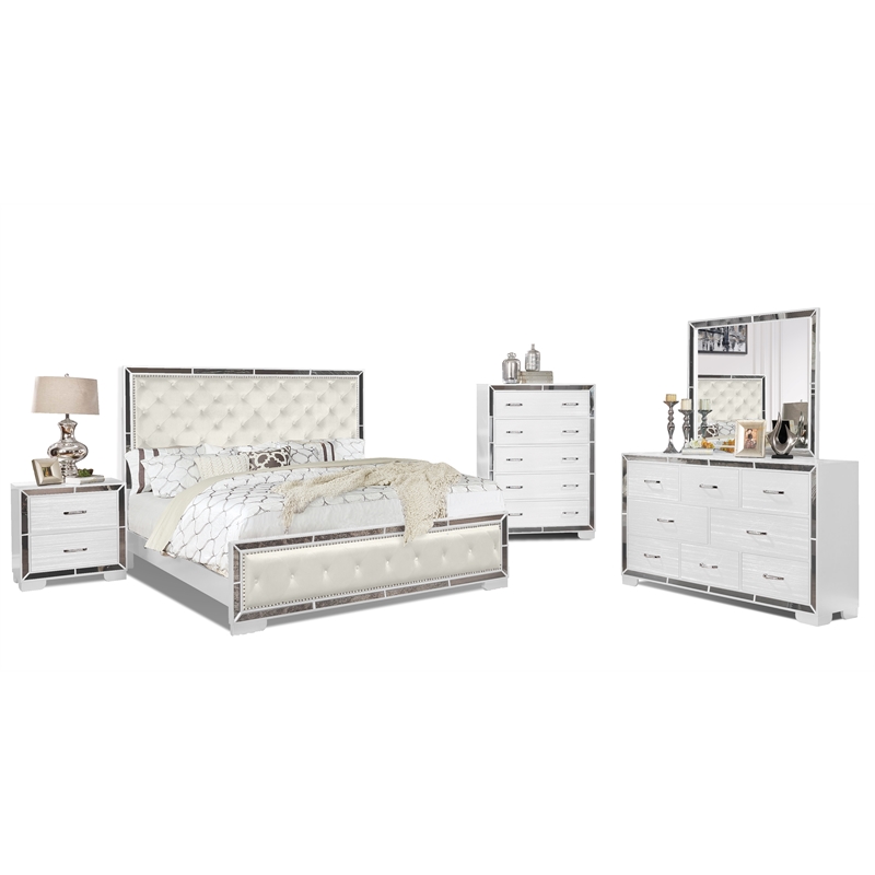 Reve & Belle Anzell 5pc King Wood Bedroom Set with Mirror Trim in White