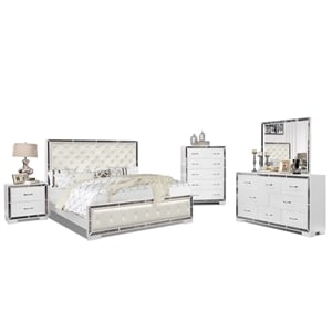 Reve & Belle Anzell 5pc King Wood Bedroom Set with Mirror Trim in White