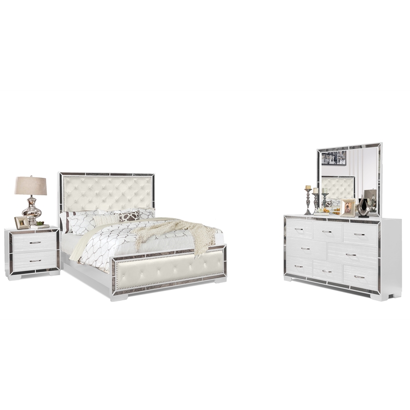 Reve & Belle Anzell 4pc Wood Queen Bedroom Set with Mirror Trim in White
