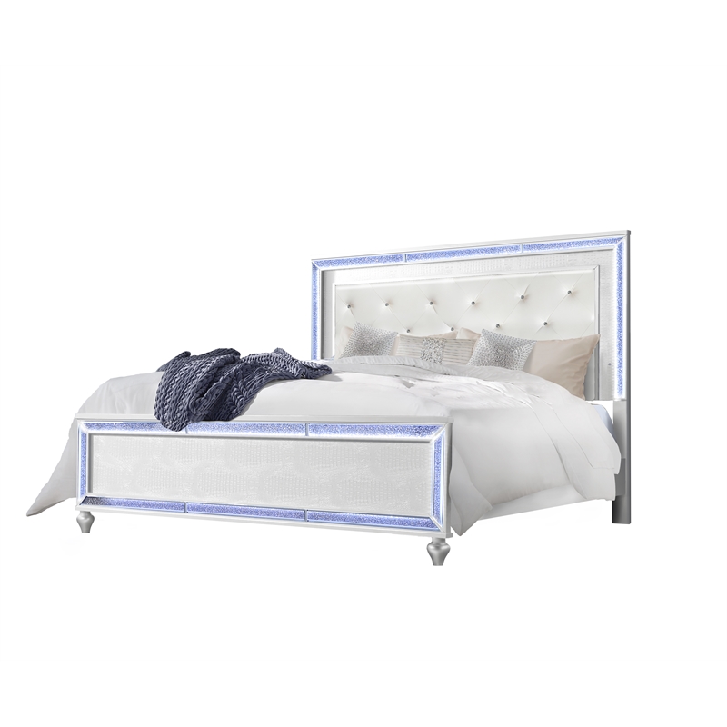 Reve & Belle Crystal Tufted Headboard w/LED lights King Wood Bed Frame in White