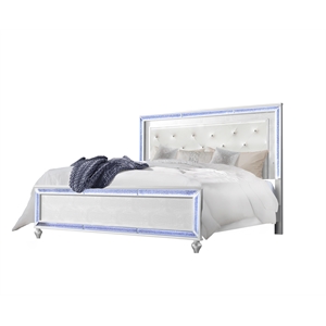Reve & Belle Crystal Tufted Headboard w/LED lights King Wood Bed Frame in White
