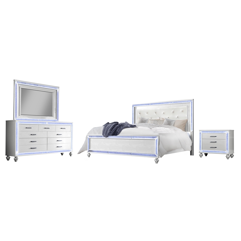 Reve & Belle Crystal Tufted Headboard w/LED lights 4pc King Bedroom Set in White