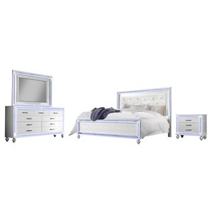Reve & Belle Crystal Tufted Headboard w/LED lights 4pc King Bedroom Set in White