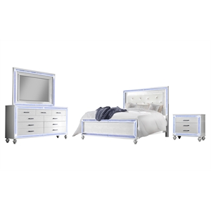 Reve & Belle Crystal Tufted Headboard w/LED 4pc Queen Bedroom Set in White