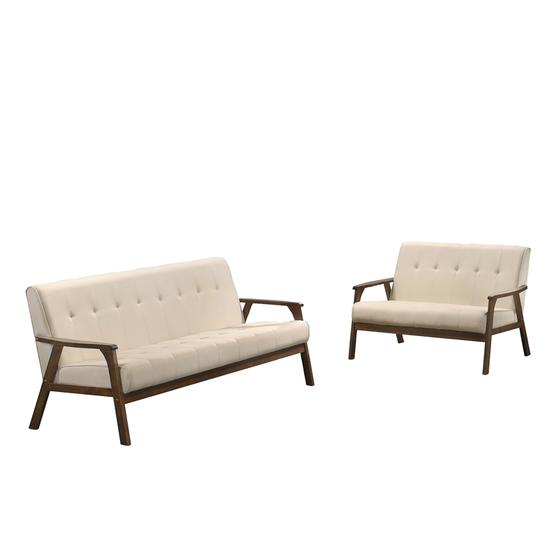 Uptown Modern Iven Wood Arm Sofa & Love Seat Set Woven Fabric in Cream