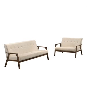 Uptown Modern Iven Wood Arm Sofa & Love Seat Set Woven Fabric in Cream