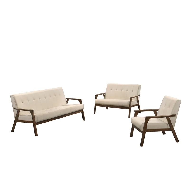 Uptown Modern Iven Wood Arm Chair & Sofa & Love Seat Set Woven Fabric in Cream