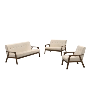 Uptown Modern Iven Wood Arm Chair & Sofa & Love Seat Set Woven Fabric in Cream