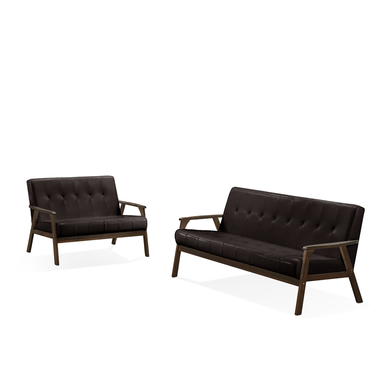 Uptown Modern Iven Wood Arm Sofa & Love Seat Set in PU Faux Leather Dark Brown