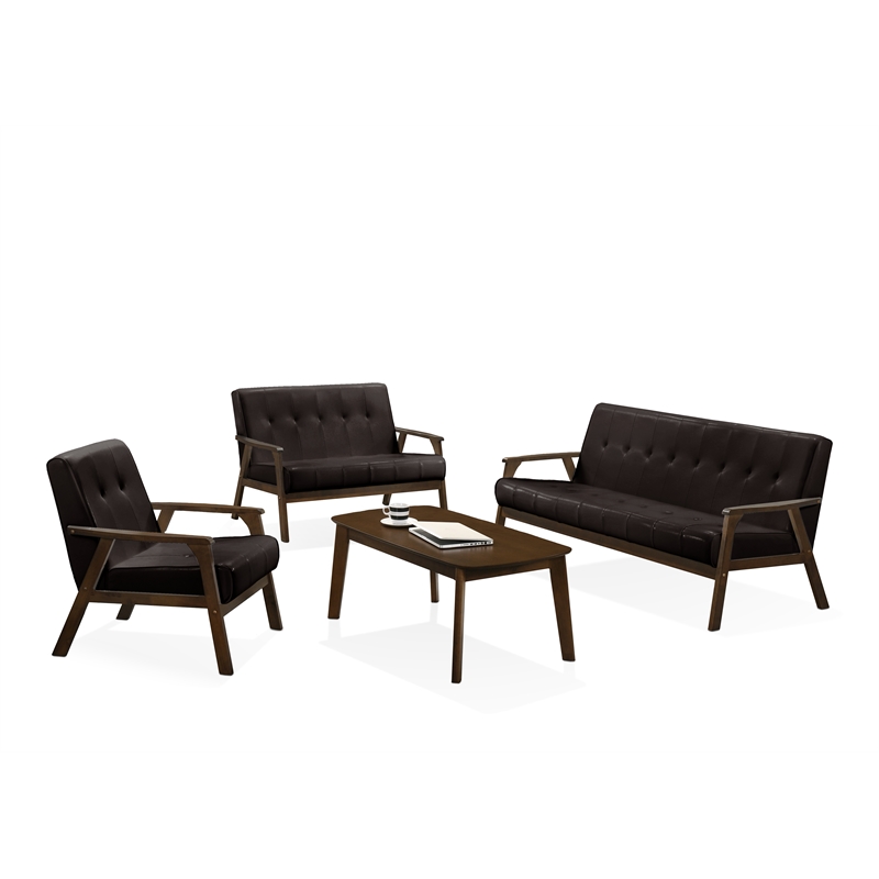 Uptown Modern Iven Wood Arm 4pc Living Room Set PU Faux Leather Dark Brown