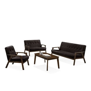 Uptown Modern Iven Wood Arm 4pc Living Room Set PU Faux Leather Dark Brown