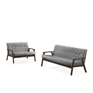 Uptown Modern Iven Mid Century Wood Arm Sofa Love Seat Set PU Faux Leather Grey