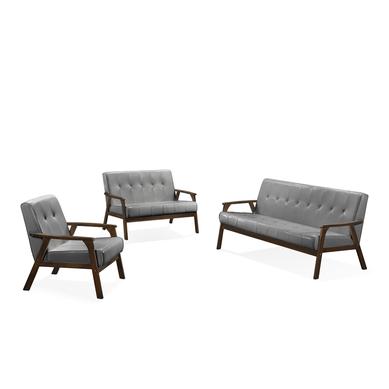 Uptown Modern Iven Wood Arm Chair & Sofa & Love Seat Set PU Faux Leather Grey