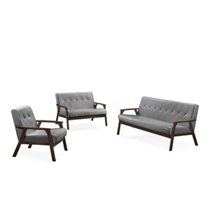 Uptown Modern Iven Wood Arm Chair & Sofa & Love Seat Set PU Faux Leather Grey