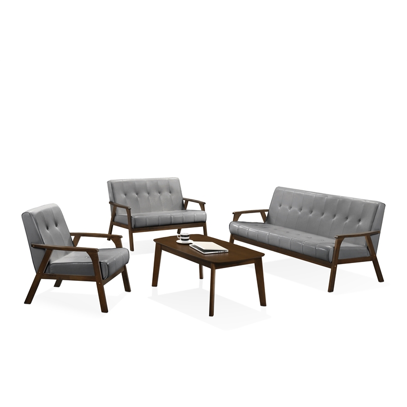 Uptown Modern Iven Mid Century Wood Arm 4pc Living Room Set PU Faux Leather Grey