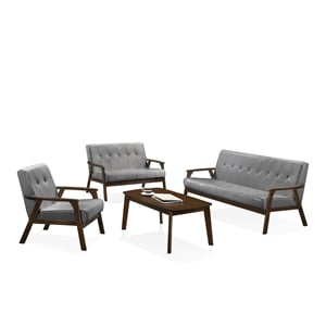 Uptown Modern Iven Mid Century Wood Arm 4pc Living Room Set PU Faux Leather Grey