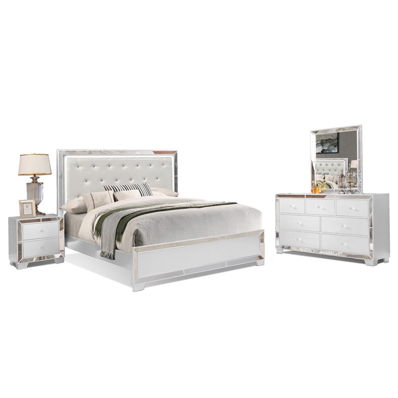 Reve & Belle Crystal Tufted with LED lightning 4pc Queen Bedroom Set in White