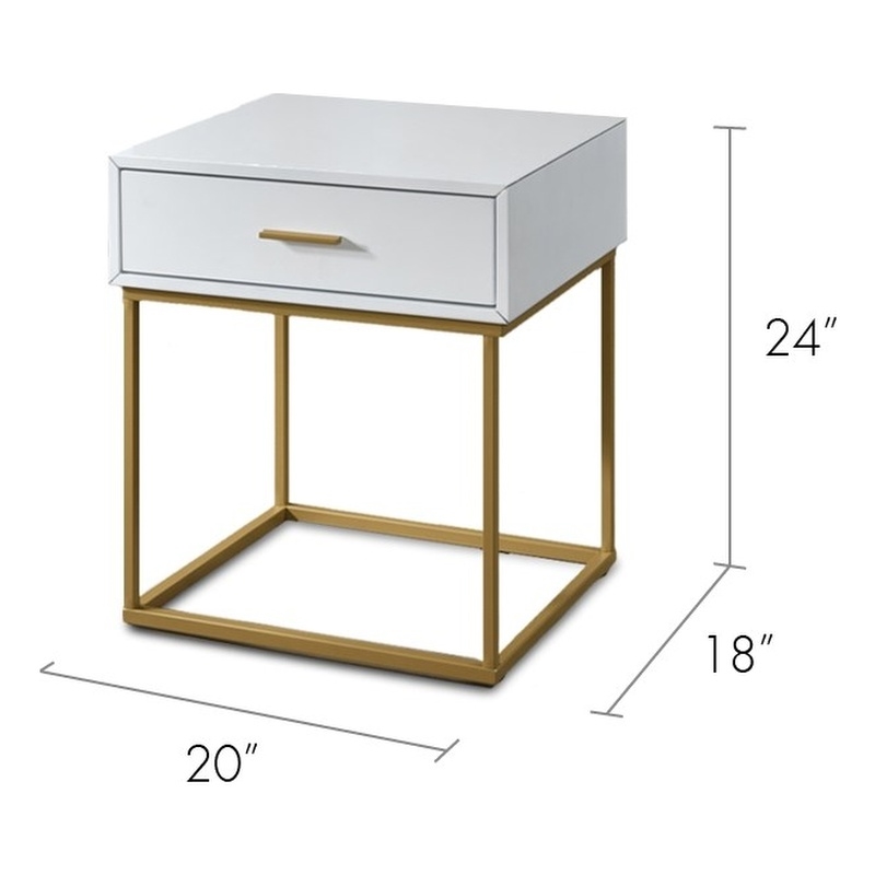 Uptown Modern Single Drawer Night stand Metal Legs in White and Gold