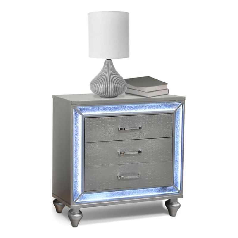 Reve & Bele Nightstand w/LED lights & Croc Embossed Drawers Silver