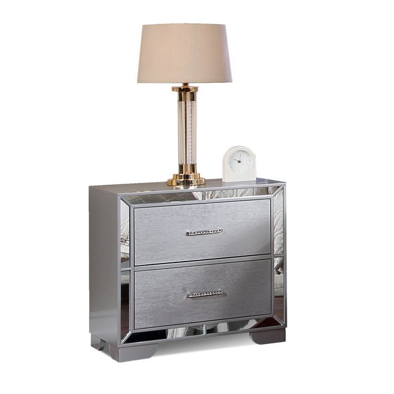 Reve & Belle Mirrored Trim Nightstand Solid & Manufactured Wood Silver