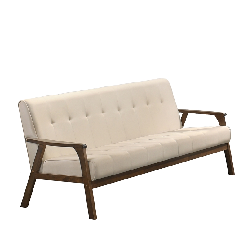Uptown Modern Iven Mid-Century Wood Arm Sofa Woven Fabric in Cream