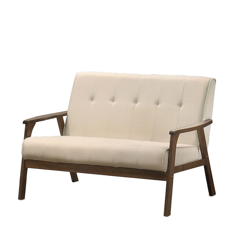 Uptown Modern Iven Mid-Century Wood Arm Love Seat Woven Fabric in Cream