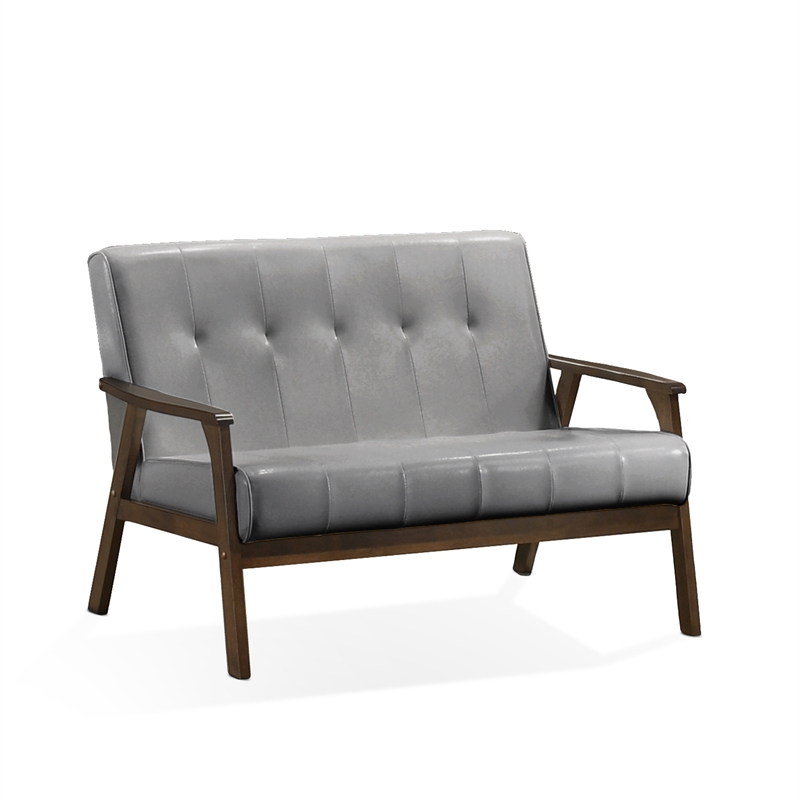 Uptown Modern Iven Mid-Century Wood Arm Love Seat PU Faux Leather Grey