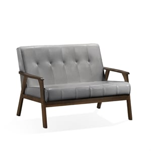 Uptown Modern Iven Mid-Century Wood Arm Love Seat PU Faux Leather Grey