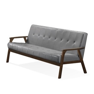 Uptown Modern Iven Mid-Century Wood Arm Sofa PU Faux Leather Grey