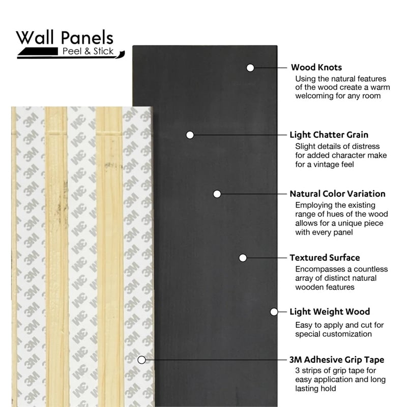 Decorative Solid Wood Wall Panel with Adhesive 3M Tape Charcoal Gray 95sqft