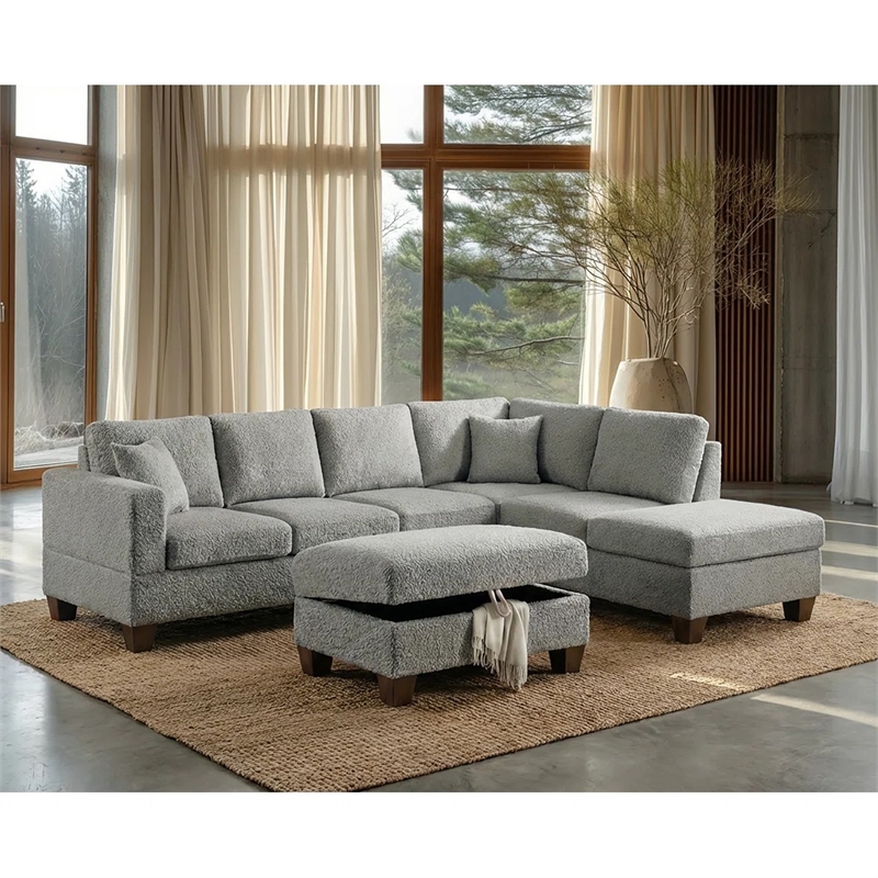 Essa Grey Reversible Sectional With USB Power Wood Legs And Storage Ottoman