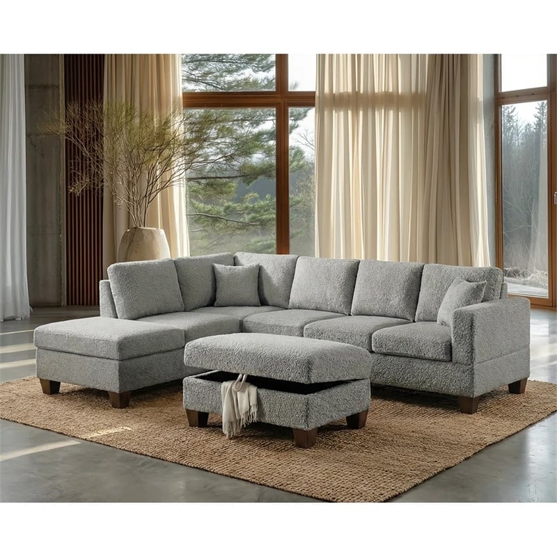 Essa Grey Reversible Sectional With USB Power Wood Legs And Storage Ottoman