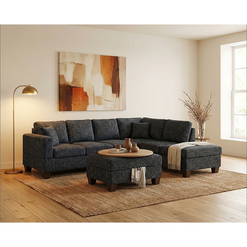 Essa Charcoal Reversible Sectional With USB Power Wood Legs And Storage Ottoman