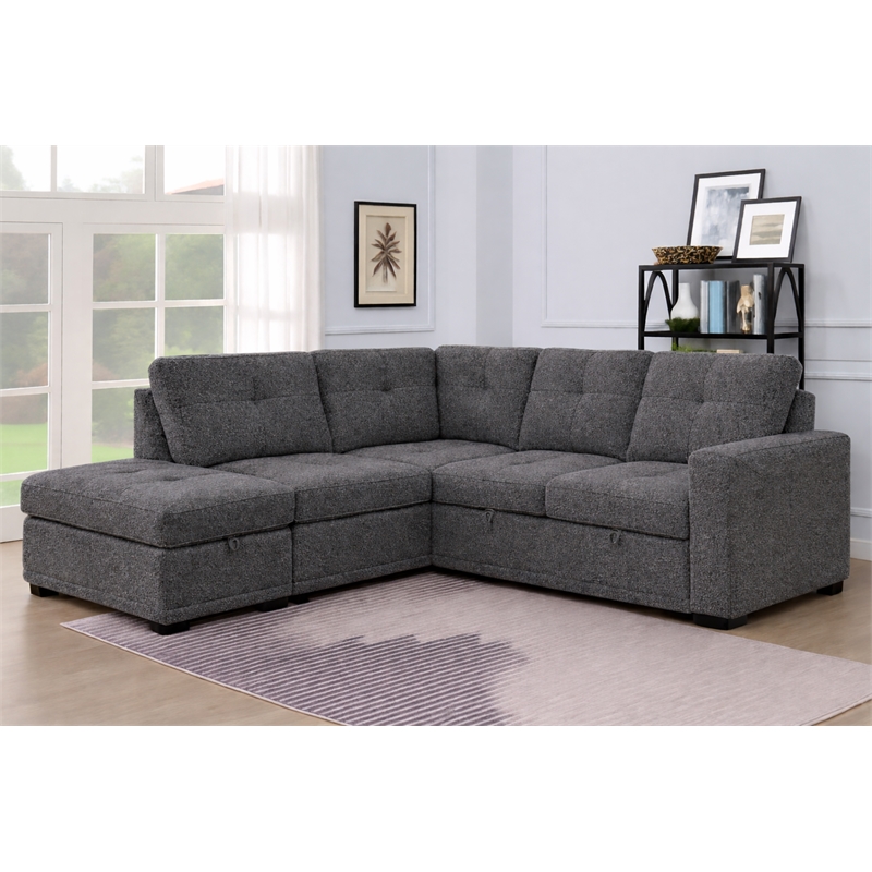 Phoenix Reversible Pull-Out Sleeper Sectional In Charcoal Chenille