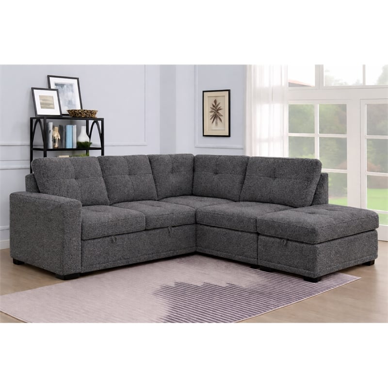 Phoenix Reversible Pull-Out Sleeper Sectional In Charcoal Chenille