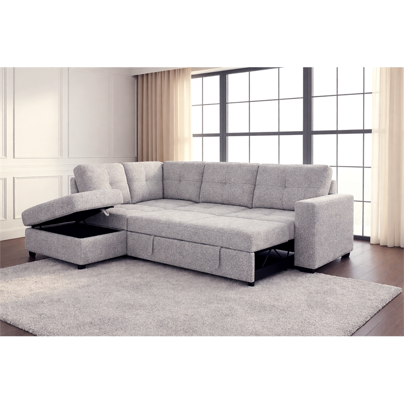 Phoenix Reversible Pull-Out Sleeper Sectional In Light-Grey Chenille