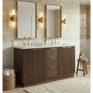 60&quot Fluted Bathroom Vanity with Quartz Top and Double Porcelain Sinks - Walnut