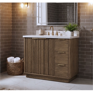 36&quot Fluted Bathroom Vanity with Quartz Top and Porcelain Sink - Walnut