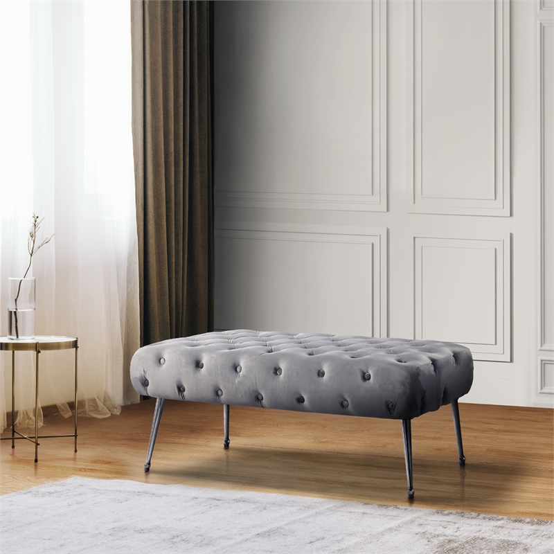 Bria Velvet Tufted Bench Grey