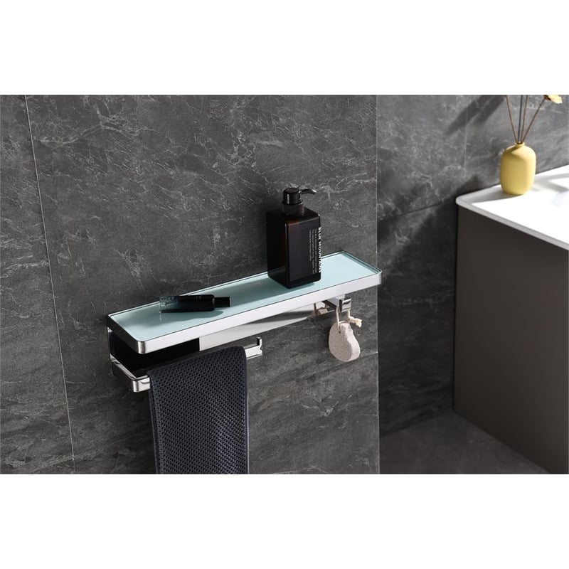 Lexora Home Bagno Bianca Stainless Steel Shelf with Bar and Hook in Nickel