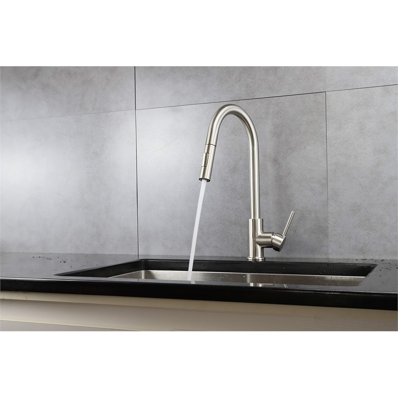 Lexora Home Olivi Brass Kitchen Faucet with Pull Out Sprayer in Brushed Nickel