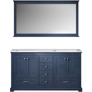Lexora Home Dukes 60&quot Carrara Marble Top Double Vanity in Navy Blue